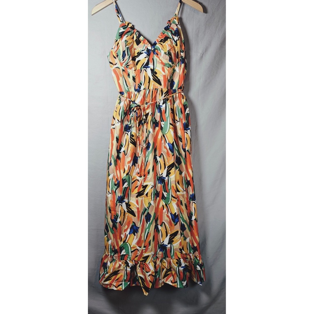 Commense Abstract Print Maxi Dress Orange Green Blue Ruffle Hem NWT Large - Picture 4 of 16